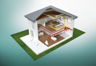 Ein 3D-Computerbild zeigt ein Einfamilienhaus im Schnitt. Zu sehen sind die Lüftungskanäle, die vom zentralen Lüftungsgerät im Erdgeschosse in jeden Raum verlegt sind.