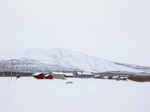 Eine tief verschneite Landschaft in Schweden, im Hintergrund eine Siedlung mit Holzhäusern