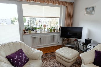 Unter einem Wohnzimmerfenster befindet sich ein großer, alter Rippenrohr-Heizkörper