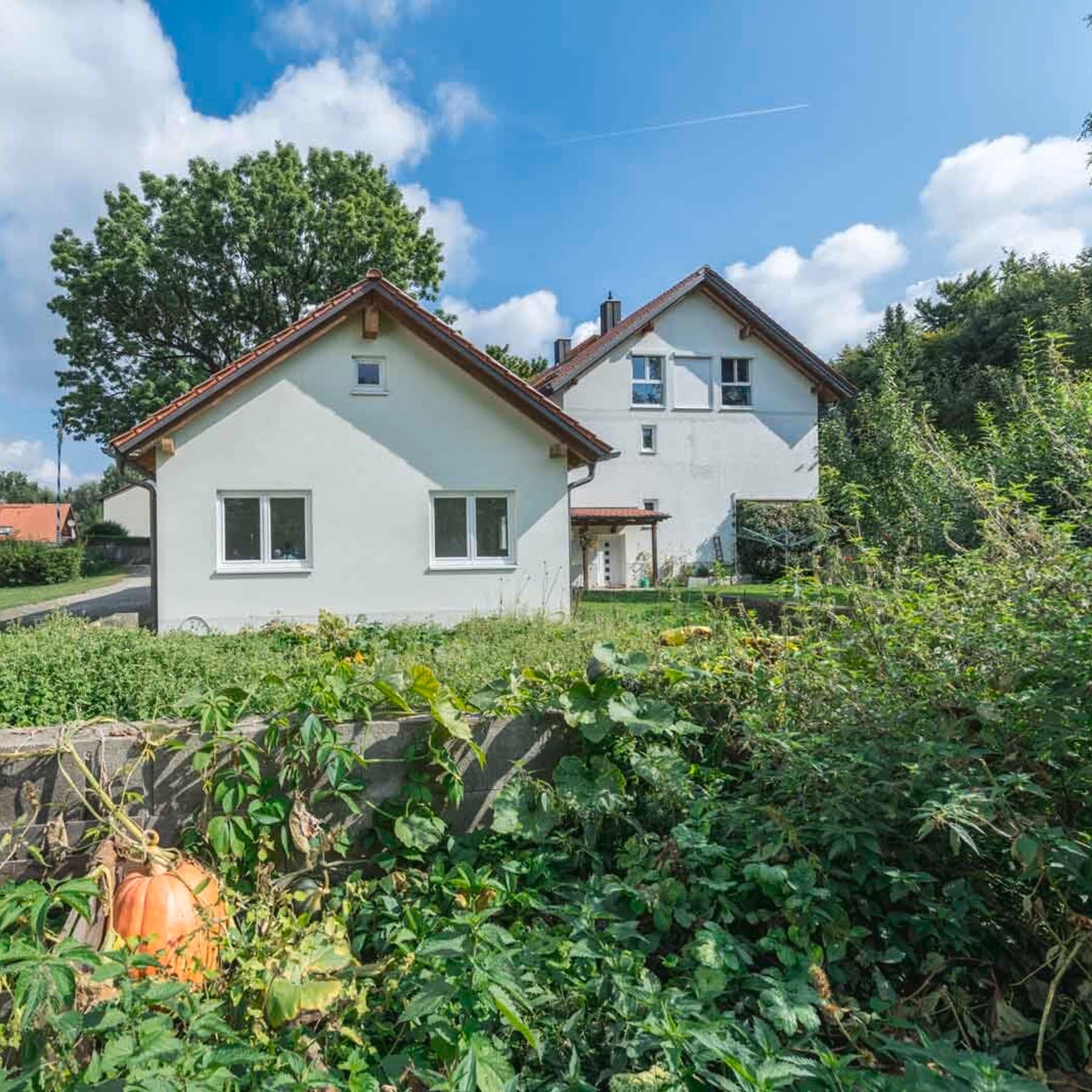 Blick aus dem Garten auf die Fronten eines Zweifamilienhauses