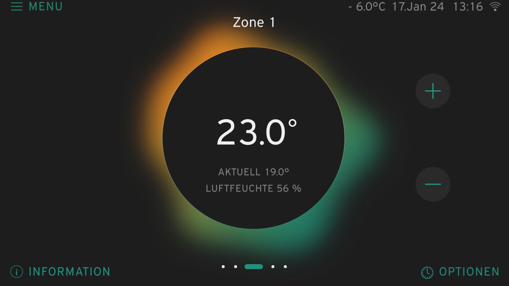 Ein Bild des Startbildschirms von iQconnect mit Angaben von Temperatur und Luftfeuchtigkeit.
