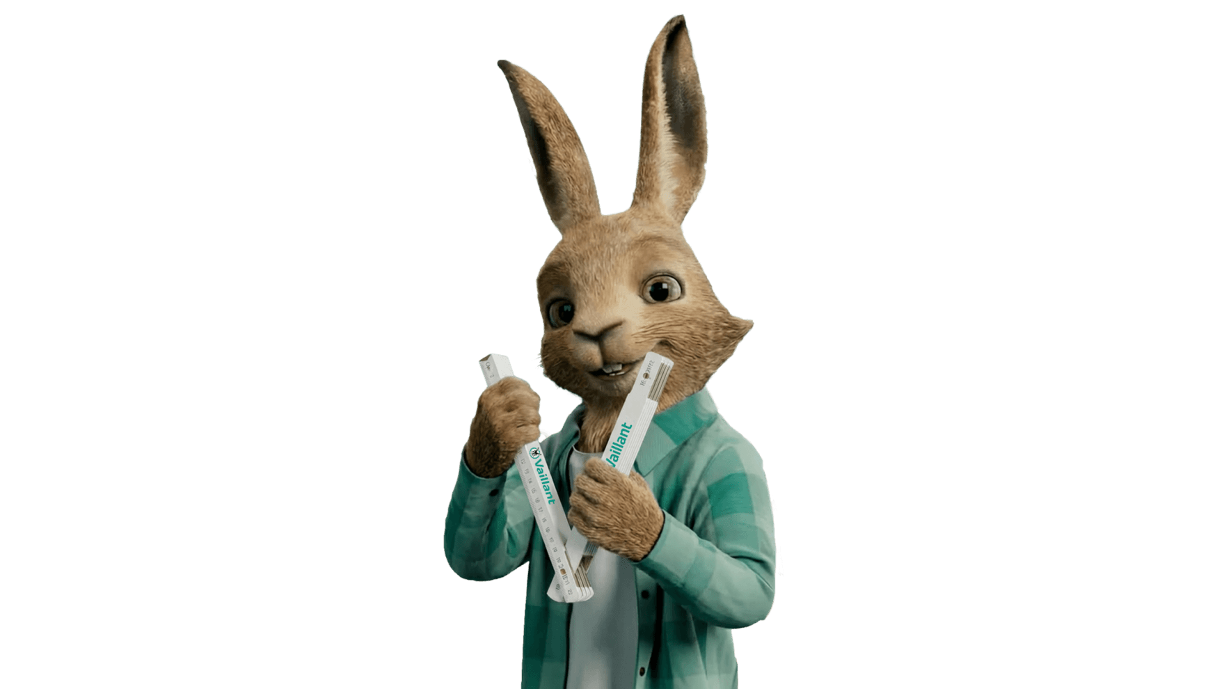 Der Vaillant Hase hält einen Zollstock in den Pfoten und formt daraus ein V.