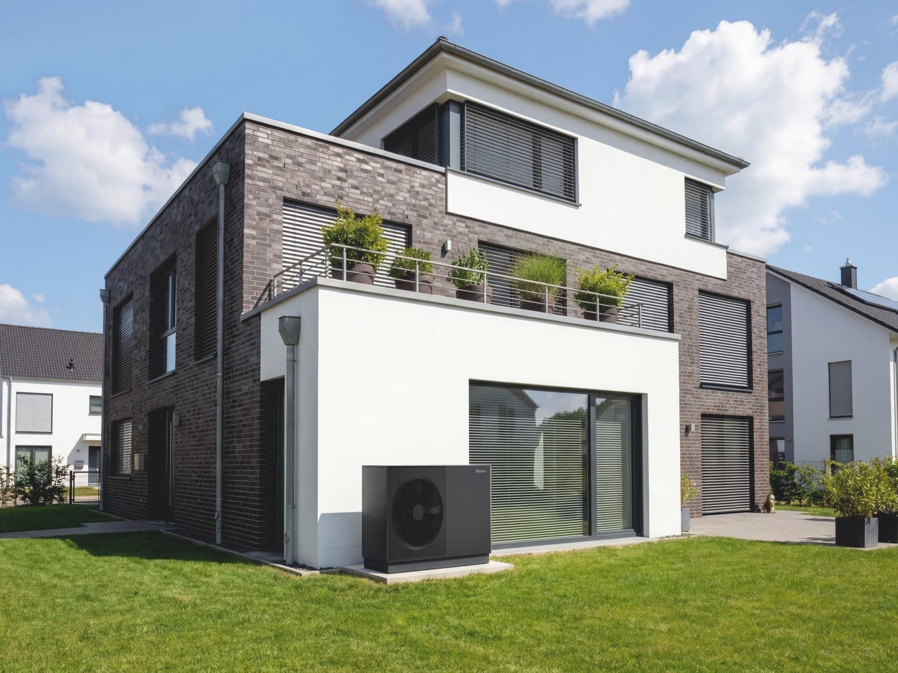 Vaillant Wärmepumpe aroTHERM perform vor einem modernen Einfamilienhaus