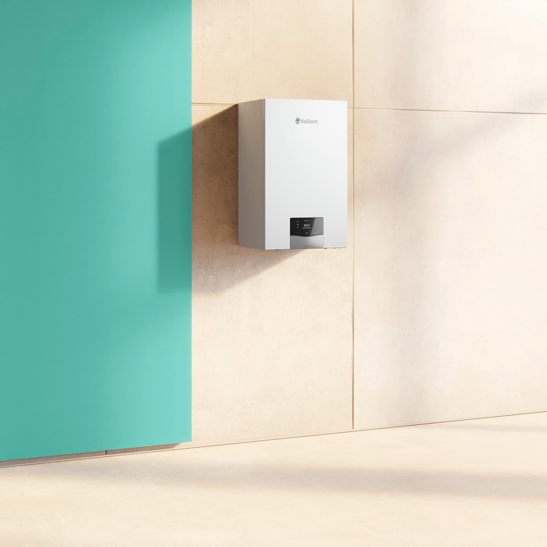 Gas-Brennwert Wandgerät ecoTEC auf Fließen neben grünem Hintergrund