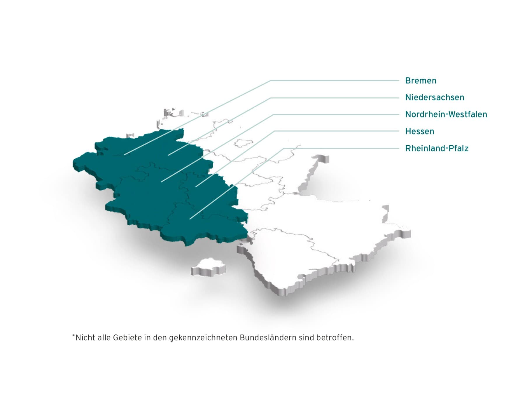 Eine Deutschlandkarte zeigt die von der Marktraumumstellung betroffenen Bundesländer Bremen, Niedersachsen, NRW, Hessen und Rheinland-Pfalz