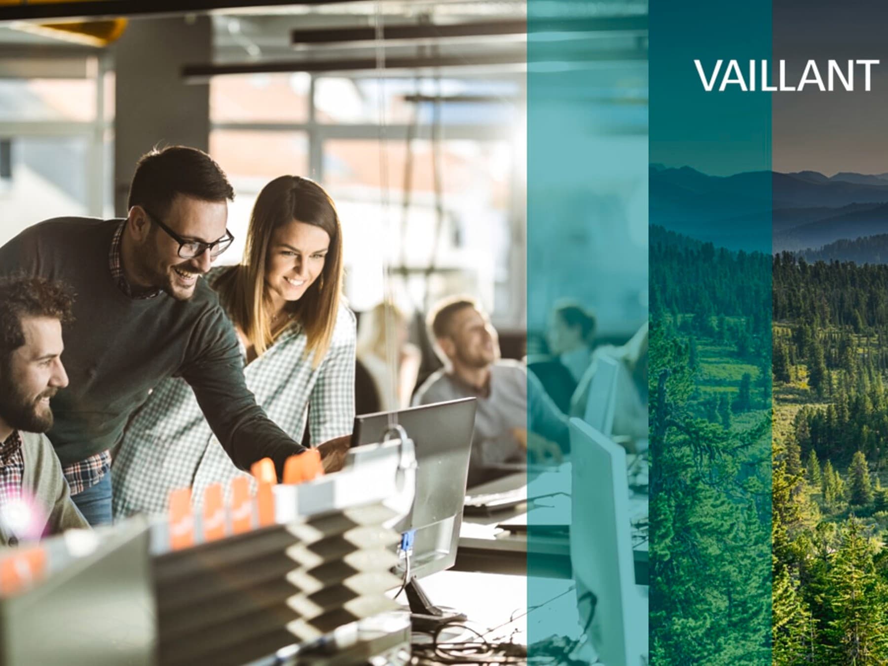 Vaillant Mitarbeiter schauen gemeinsam auf ein Projekt.