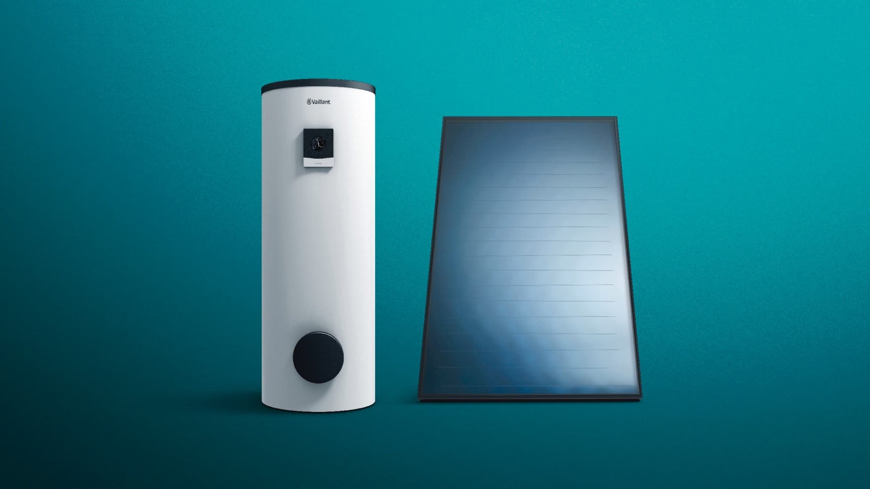 Abgebildet sind der Kombispeicher auroSTOR und ein Solarpaneel von Vaillant.