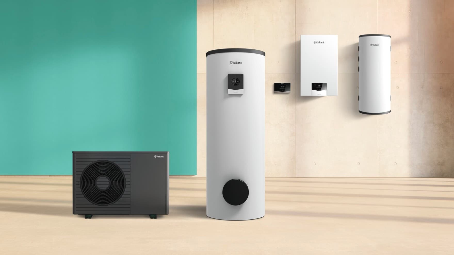 Systemvorschau: Hybridsystem (Wärmepumpe, Speicher, Gasgerät, Regler)