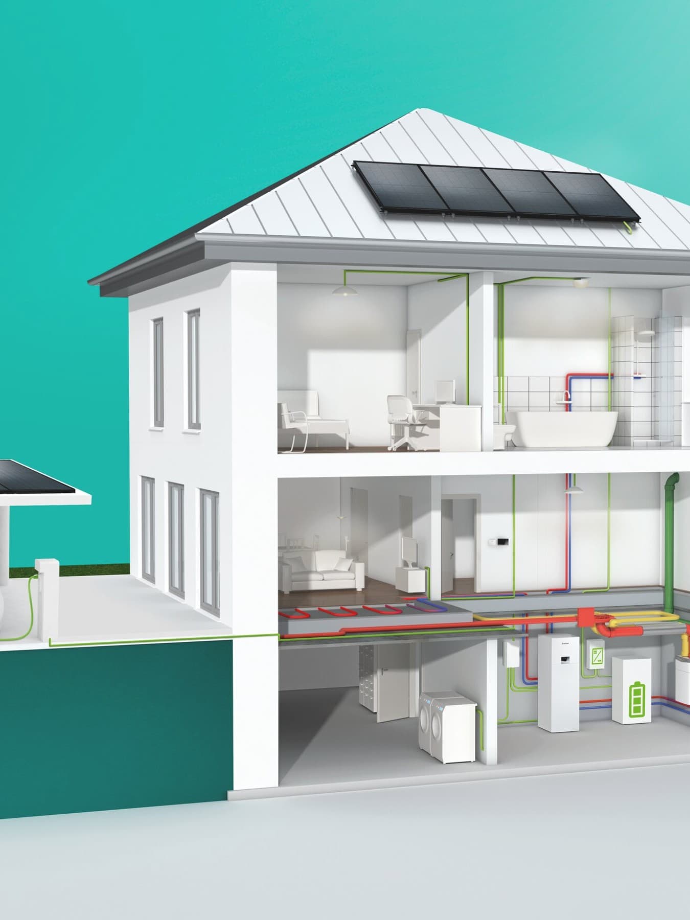 Schematische Darstellung eines Einfamilienhaus die zeigt, wie das Heizsystem bestehend aus Luft-Wasser-Wärmepumpe, Hydrauliktower, Pufferspeicher und PV-Anlage funktioniert