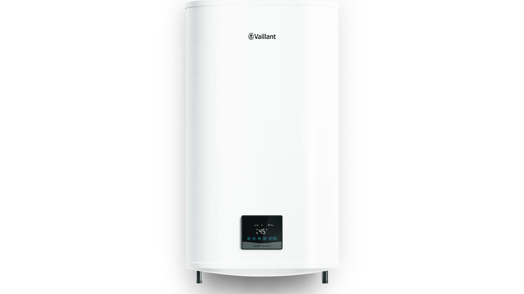 Der Elektro-Warmwasserspeicher eloSTOR exclusive von Vaillant auf einem neutralen Hintergrund.