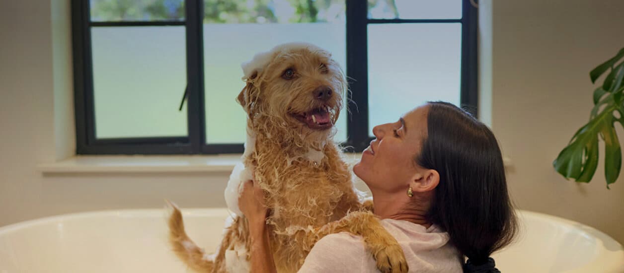 Eine Frau spielt mit einem Hund.