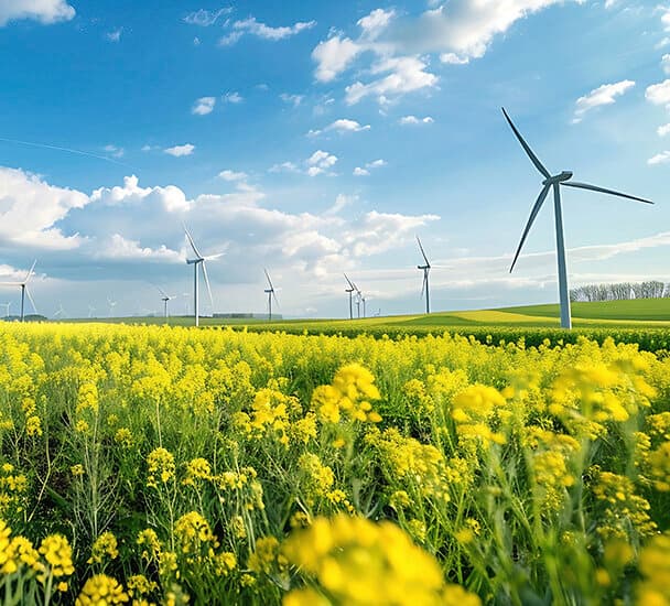 Ein Rapsfeld in Nahaufnahme, im Hintergrund sind Felder mit Windrädern zu sehen.