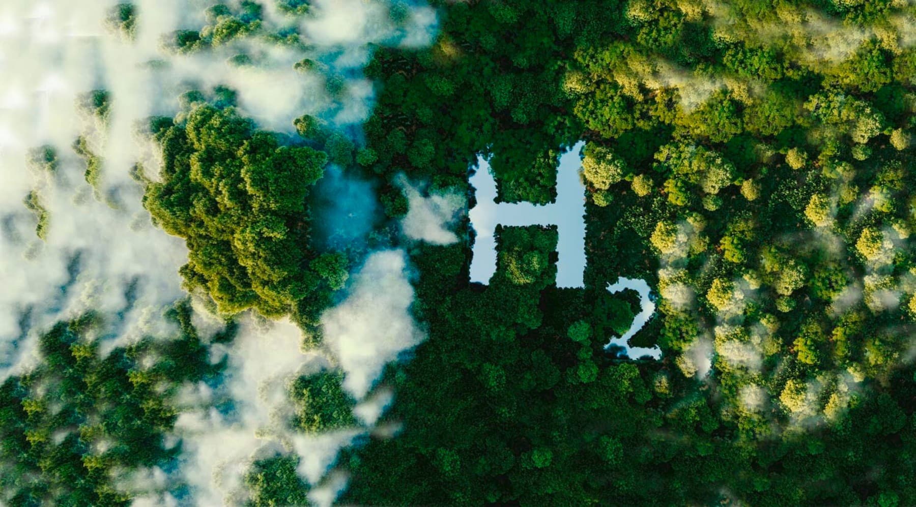 Vogelperspektive auf einen grünen Mischwald, in dem symbolisch ein H2-Symbol geschnitten ist
