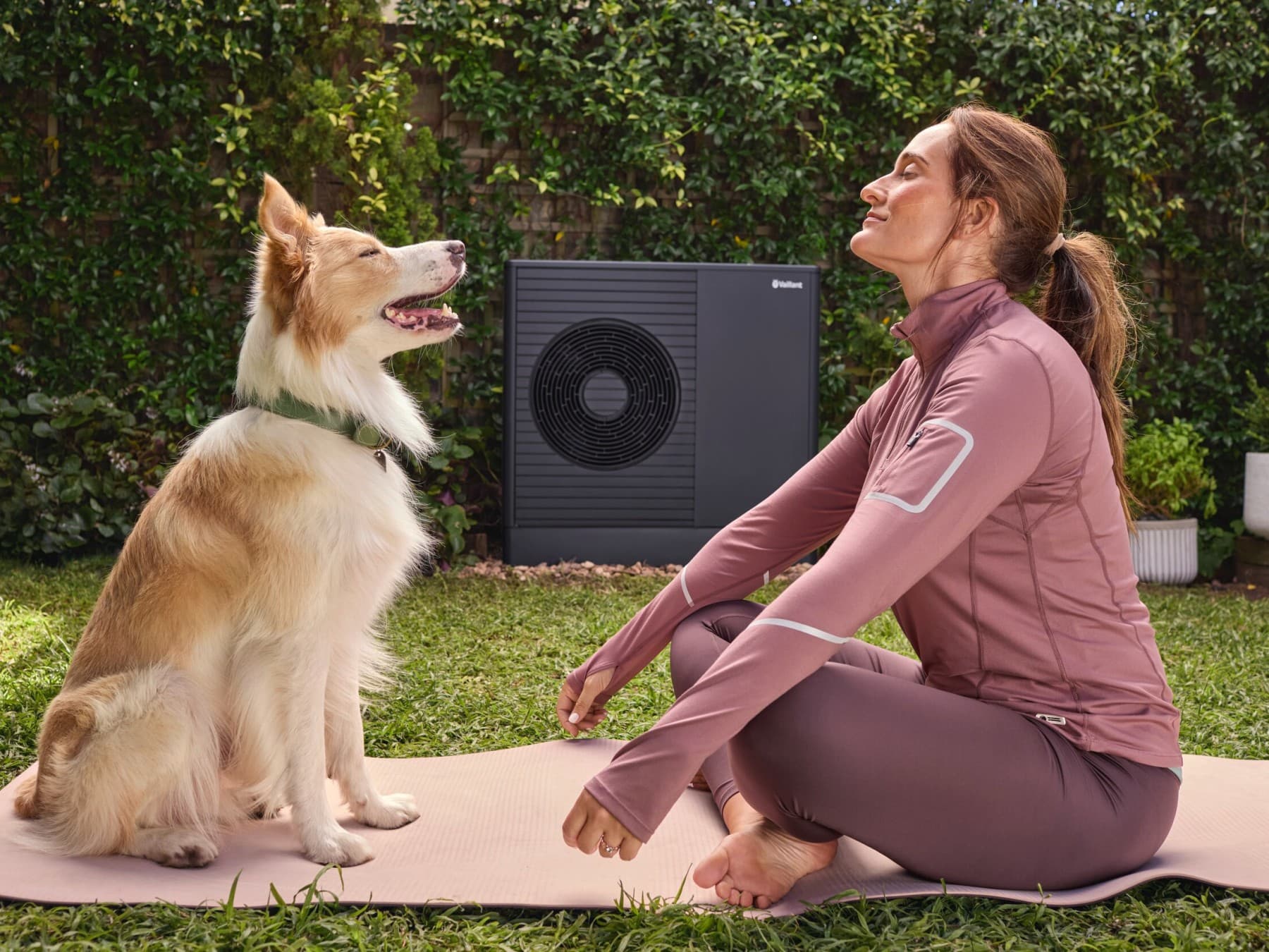 Entspannte Frau und entspannter Hund beim Yoga im Garten vor einer dunklen Wärmepumpe von Vaillant
