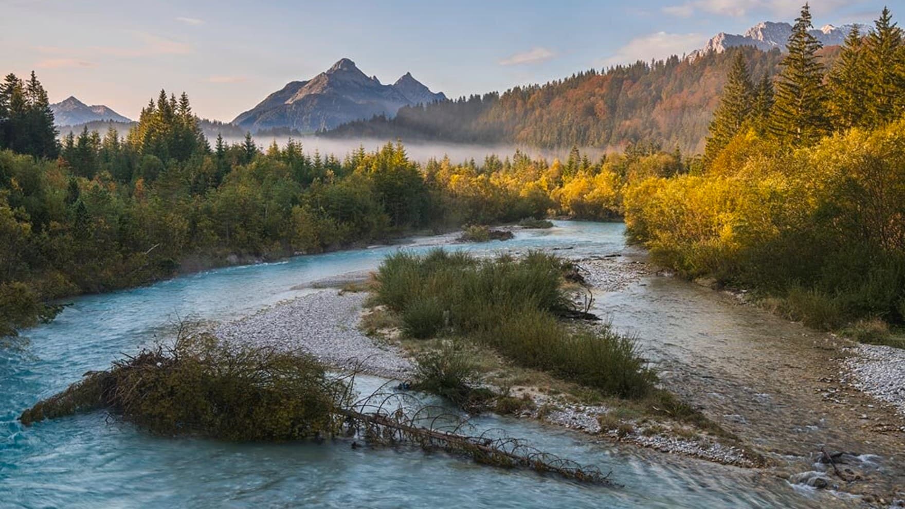 Ein Landschaftsbild mit Fluss und Bäumen.