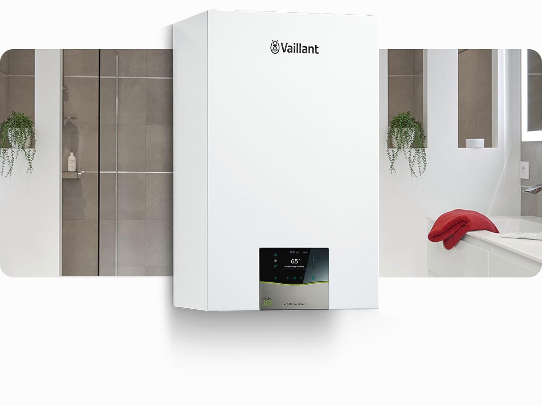 Der Vaillant ecoTEC exlusive hängt in einem Badezimmer.