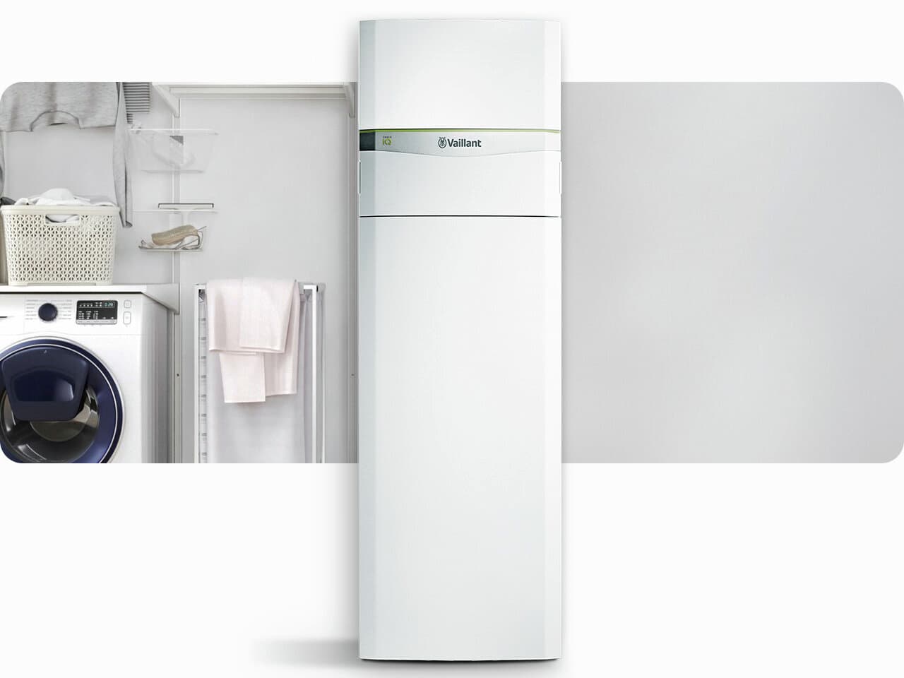 eine Vaillant Wärmepumpe flexoCOMPACT, im Hintergrund ist ein Keller mit Waschmaschine angedeutet.
