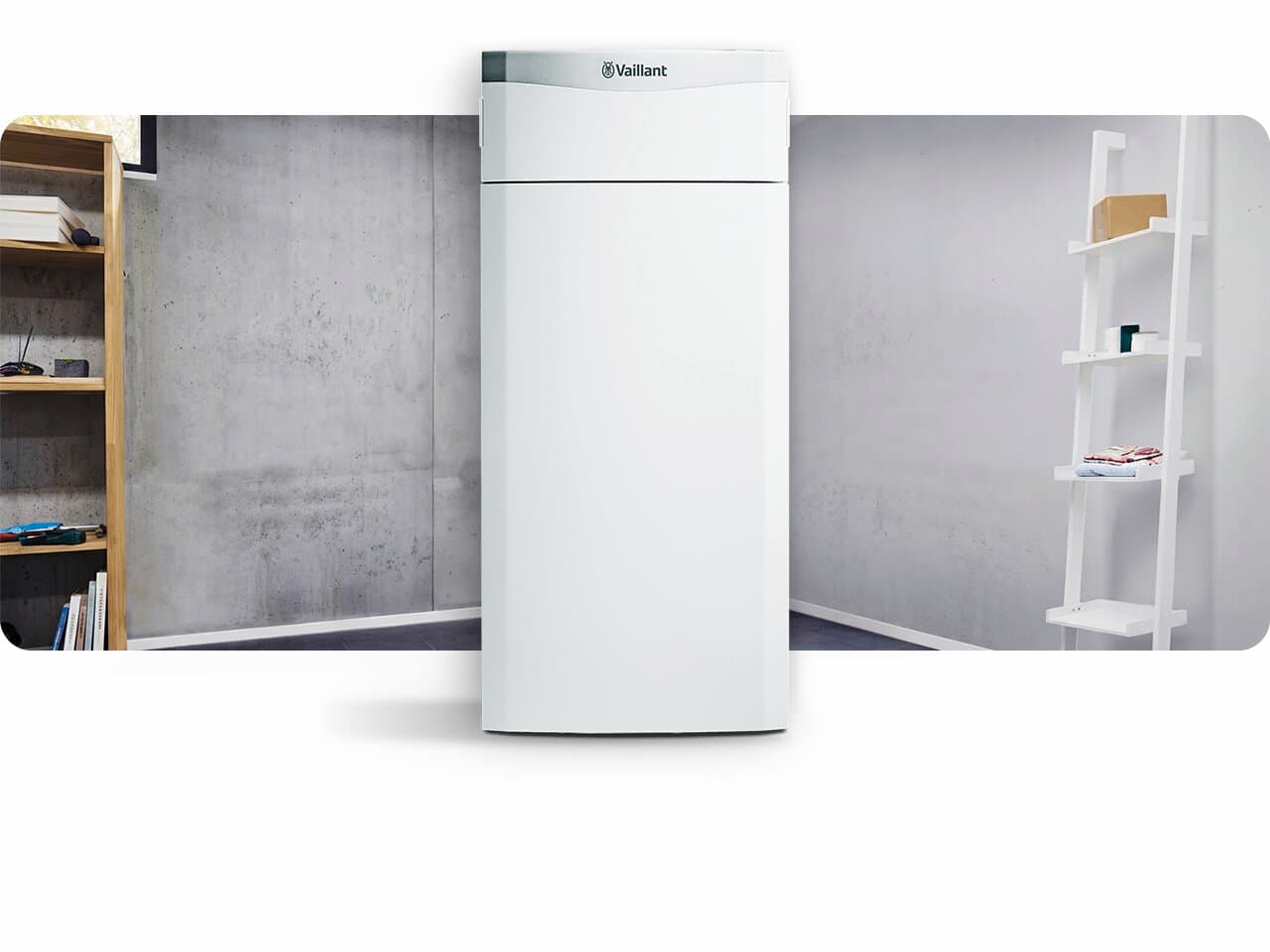 eine Vaillant Wärmepumpe flexoTHERM exclusive vor grauem Grund.