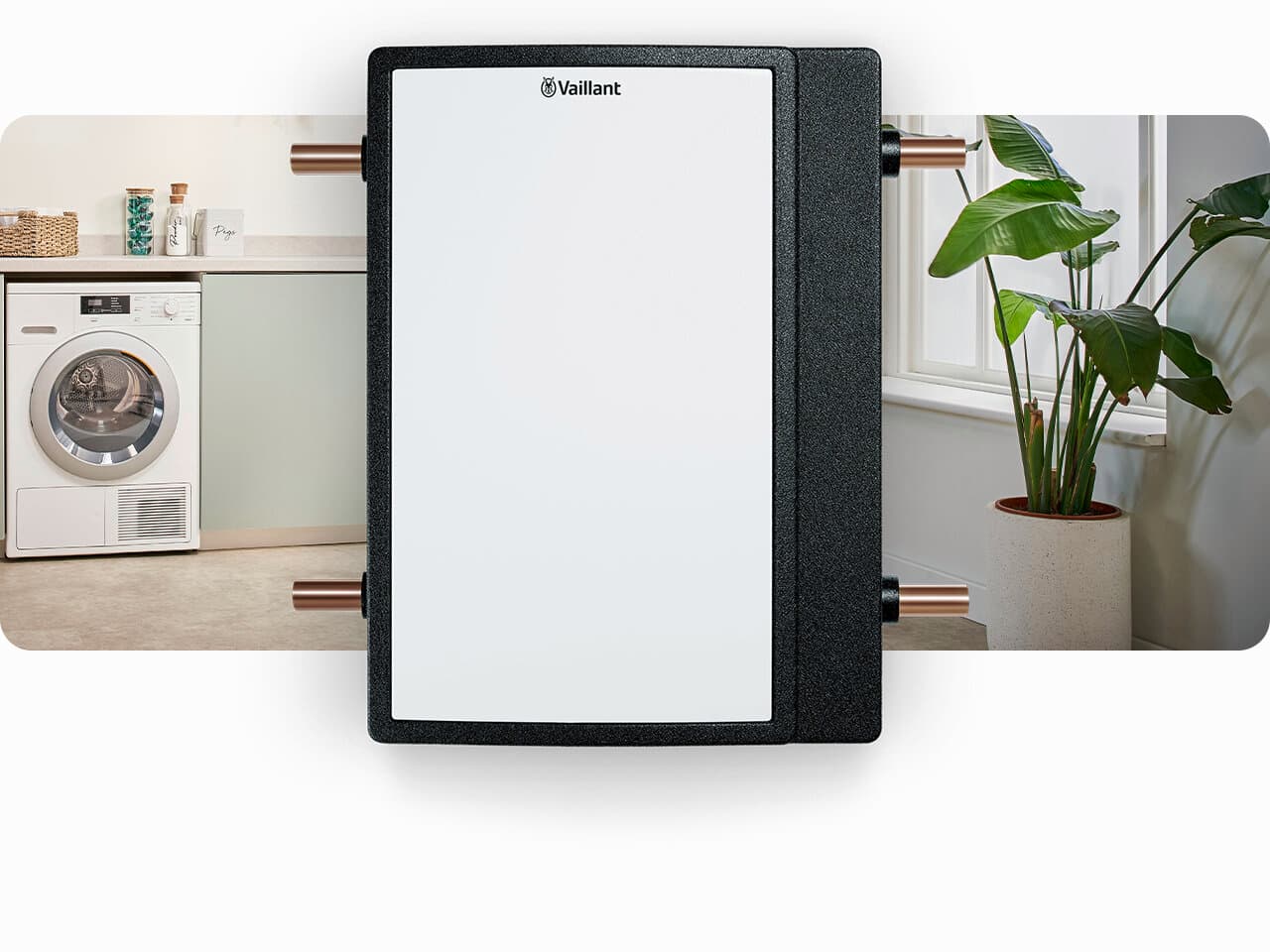 Grundwasser-Kollektor fluoCOLLECT von Vaillant, im Hintergrund sieht man einen Technikraum mit Waschmaschine