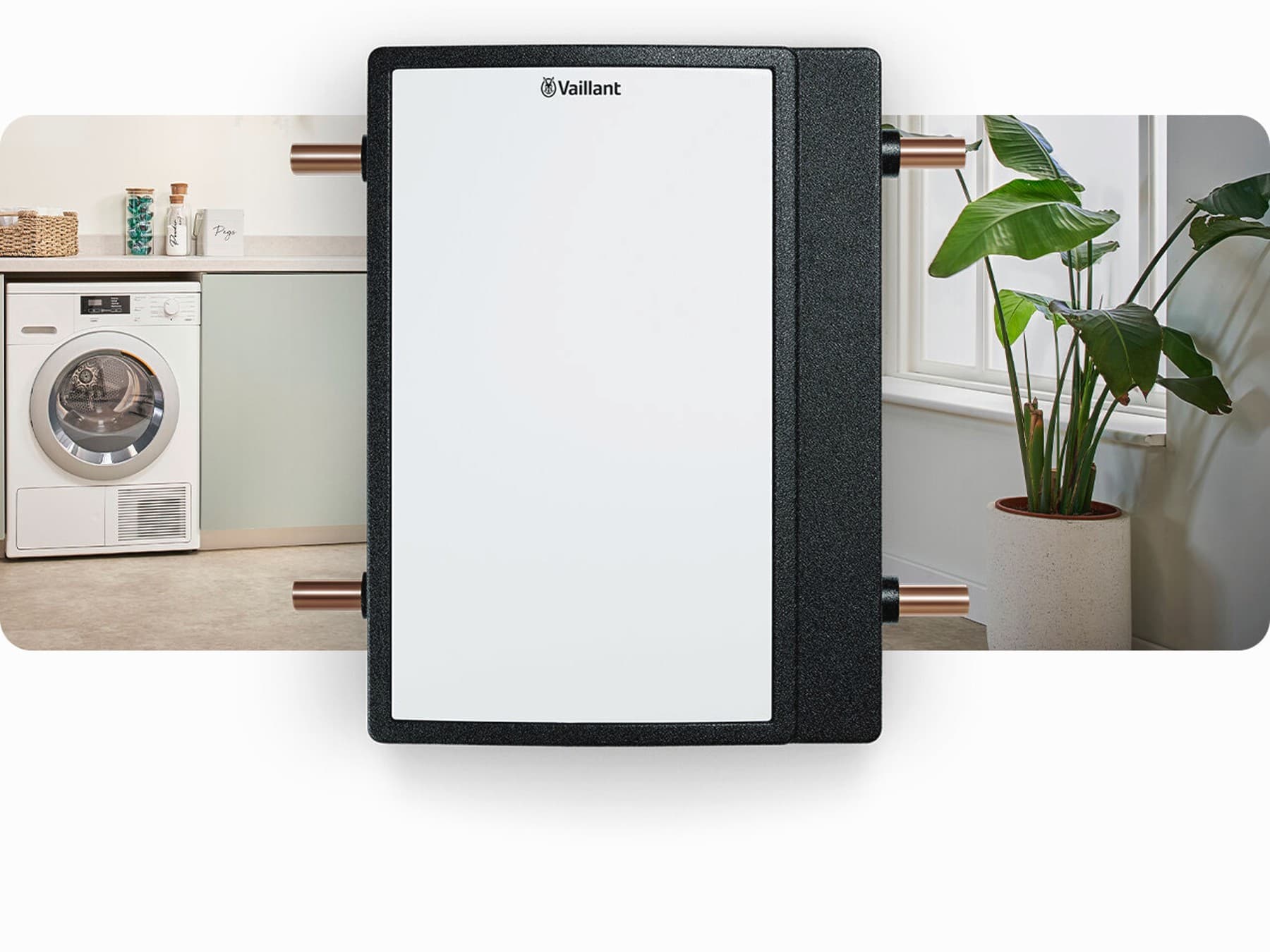 Grundwasser-Kollektor fluoCOLLECT von Vaillant, im Hintergrund sieht man einen Technikraum mit Waschmaschine