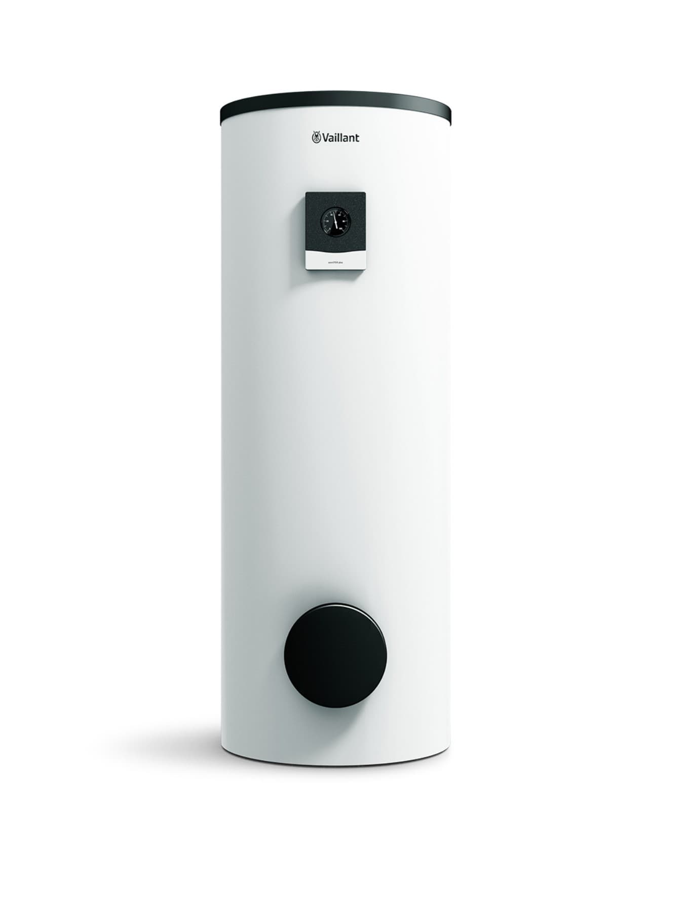 Warmwasserspeicher in zylindrischer Form, freistehend mit einem weißen Gehäuse - Produktbild vor einem neutralen Hintergrund