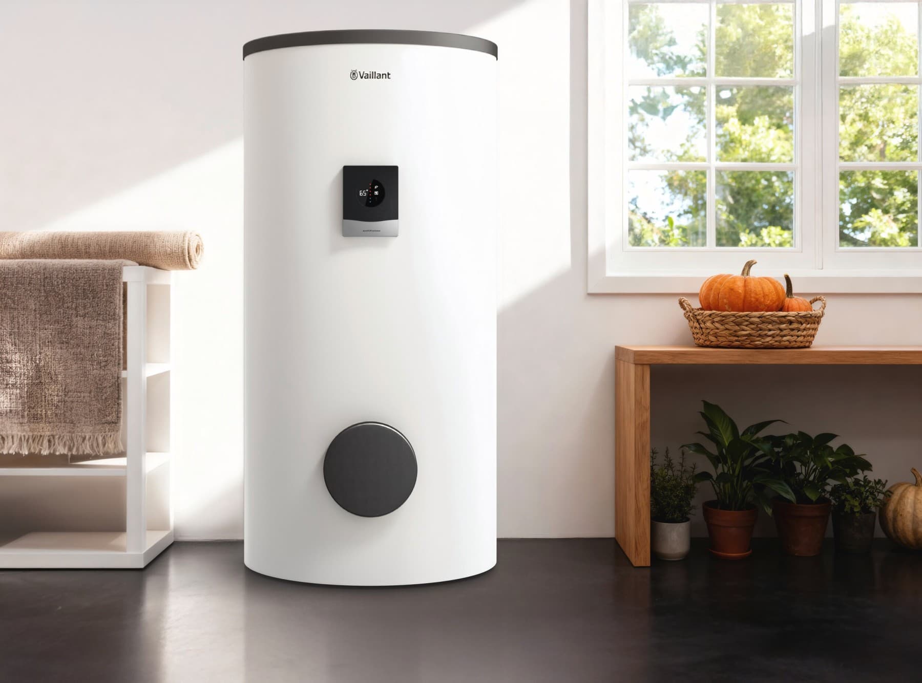 Ein Vaillant Speicher steht neben einer Waschmaschine, auf der eine Flasche Waschmittel steht.