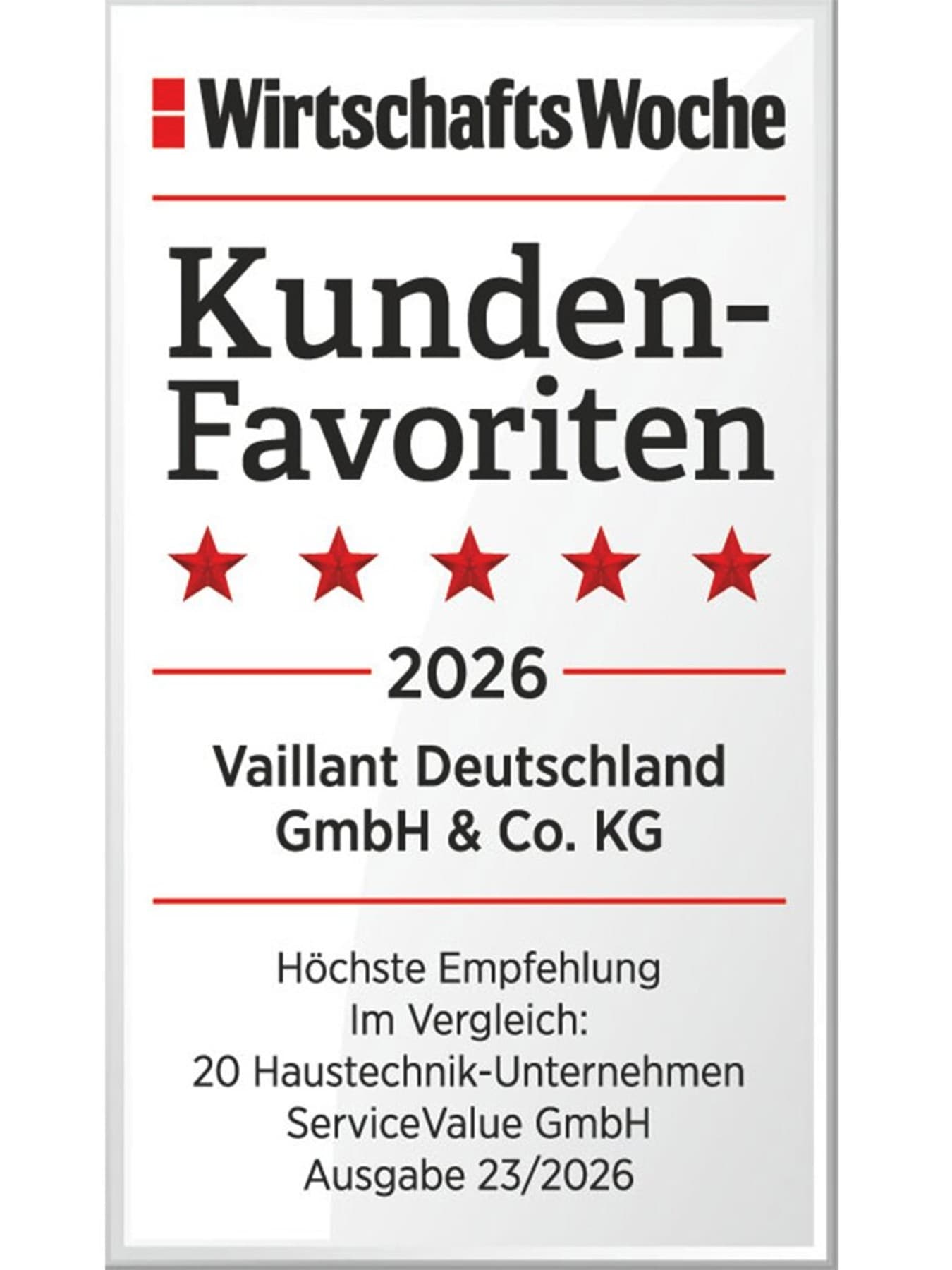 Siegel WirtschaftsWoche Kundenfavorit 2026 Vaillant Deutschland GmbH & Co. KG