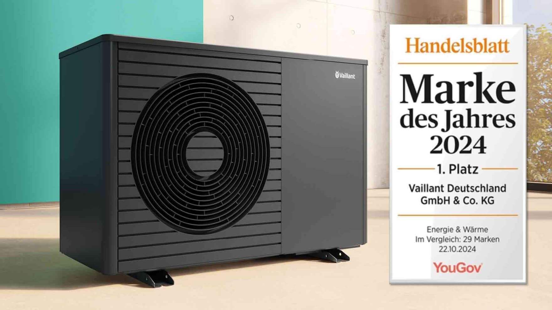 Wärmepumpe aroTHERM plus vor grünem Hintergrund mit Handelsblatt Signet