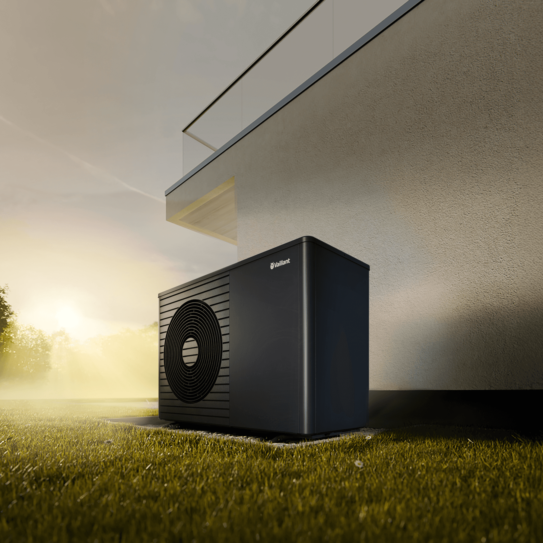 Doppelstöckige aroTHERM plus Wärmepumpe vor grünem Hintergrund